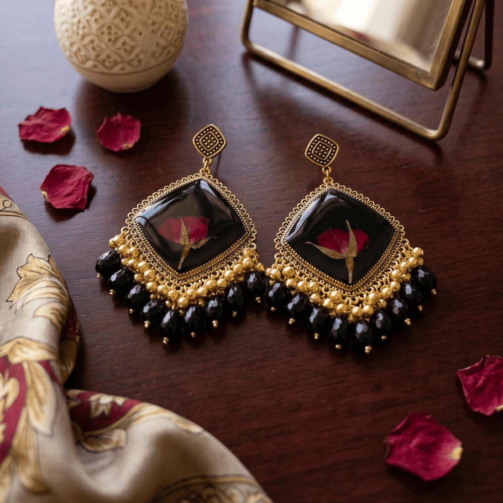 Black Resin Dried Rose Statement Earrings with Gold Beads — jewellery by Giftistan