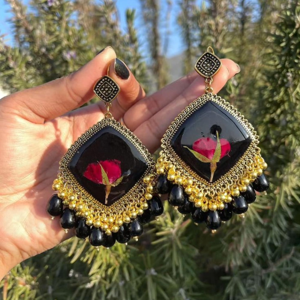 Black Resin Dried Rose Statement Earrings with Gold Beads — view 3