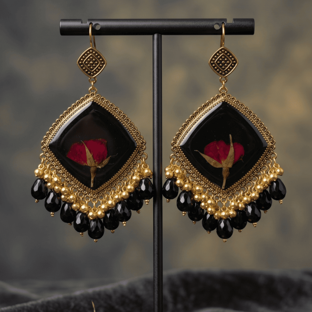 Black Resin Dried Rose Statement Earrings with Gold Beads — view 4