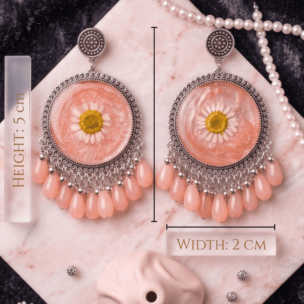 Handmade Resin Pressed Flower Earrings | Pink & Gold Jhumka Style — view 3