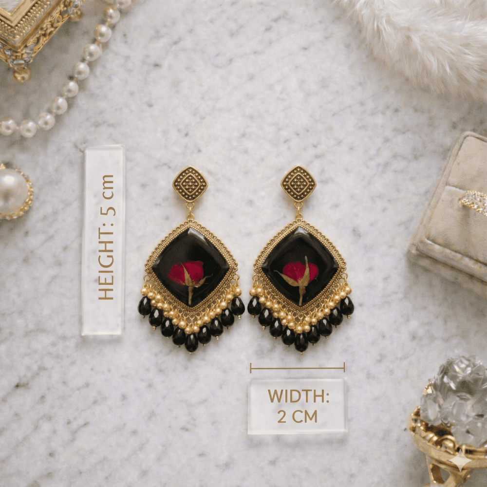 Black Resin Dried Rose Statement Earrings with Gold Beads — view 2