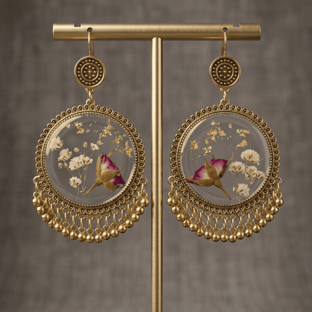 Transparent Resin Floral Statement Earrings with Gold Foil & Ghungroo Drops — jewellery by Giftistan