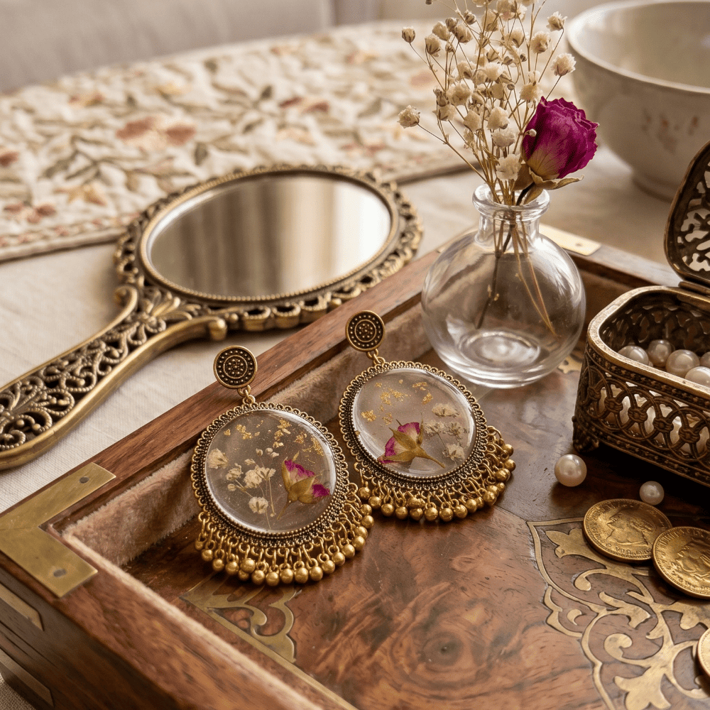 Transparent Resin Floral Statement Earrings with Gold Foil & Ghungroo Drops — view 2