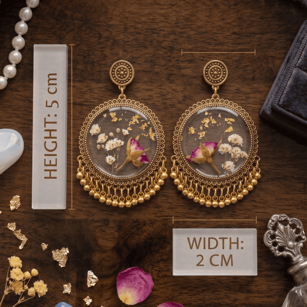 Transparent Resin Floral Statement Earrings with Gold Foil & Ghungroo Drops — view 3