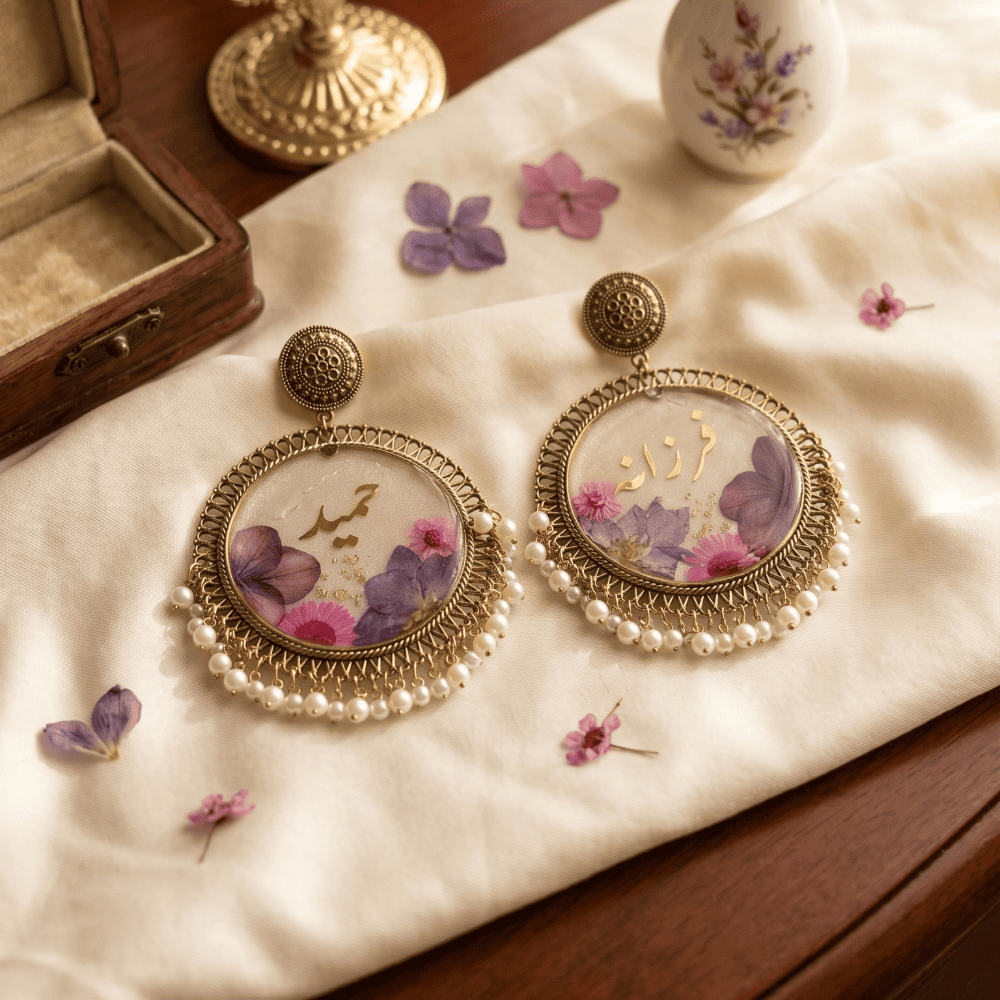 Personalized Floral Personalized Name Resin Jhumka Earrings - Pearl Fringe — jewellery by Giftistan