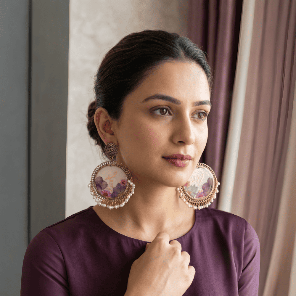 Personalized Floral Personalized Name Resin Jhumka Earrings - Pearl Fringe — view 4