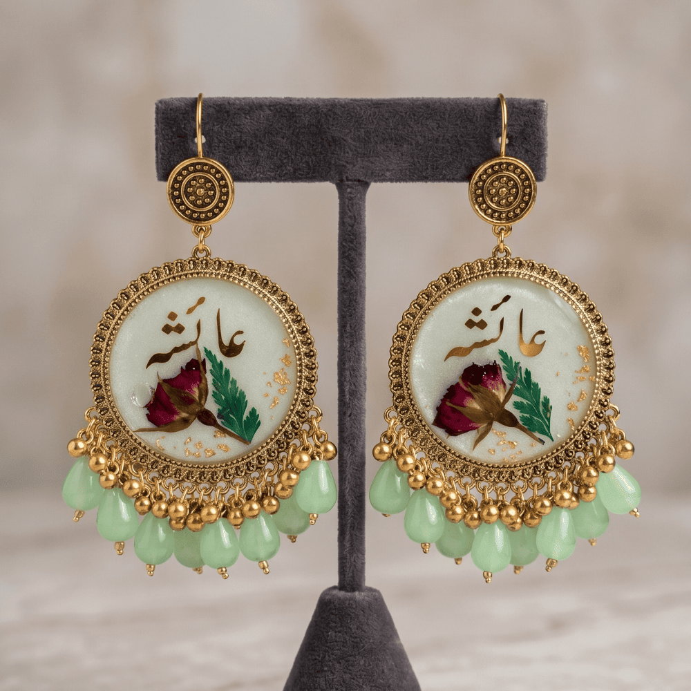 Personalized Urdu Name Resin Earrings with Dried Rose & Mint Green Beads — view 4