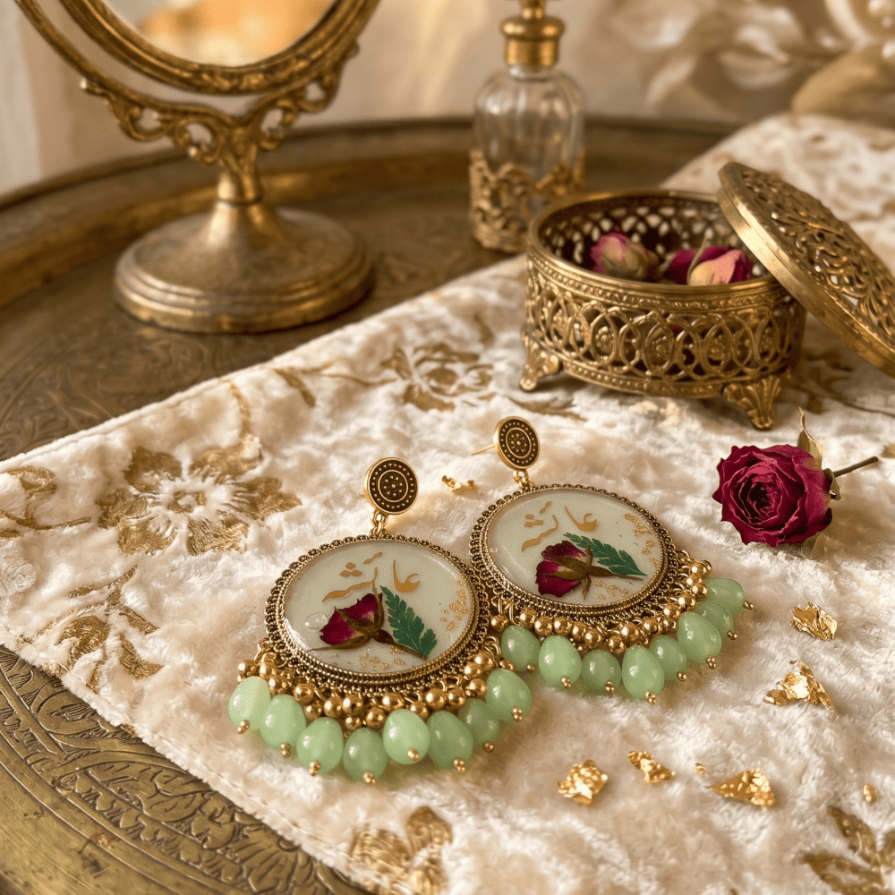 Personalized Urdu Name Resin Earrings with Dried Rose & Mint Green Beads — jewellery by Giftistan