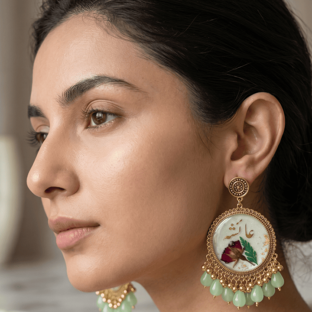 Personalized Urdu Name Resin Earrings with Dried Rose & Mint Green Beads — view 3