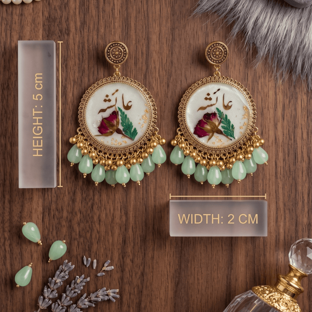 Personalized Urdu Name Resin Earrings with Dried Rose & Mint Green Beads — view 2