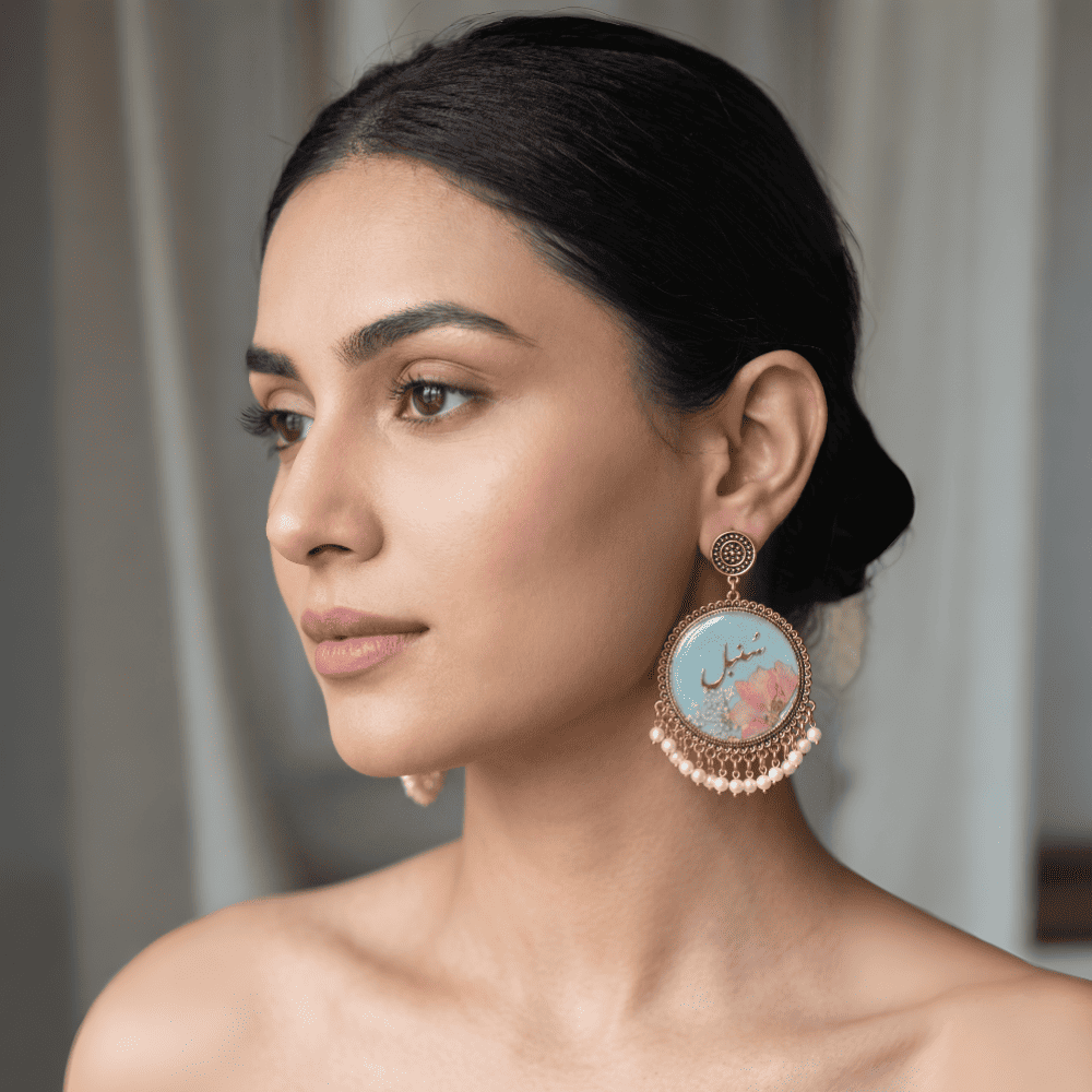 Handmade Personalized Name Resin Earrings | Blue Floral Jhumka — view 4