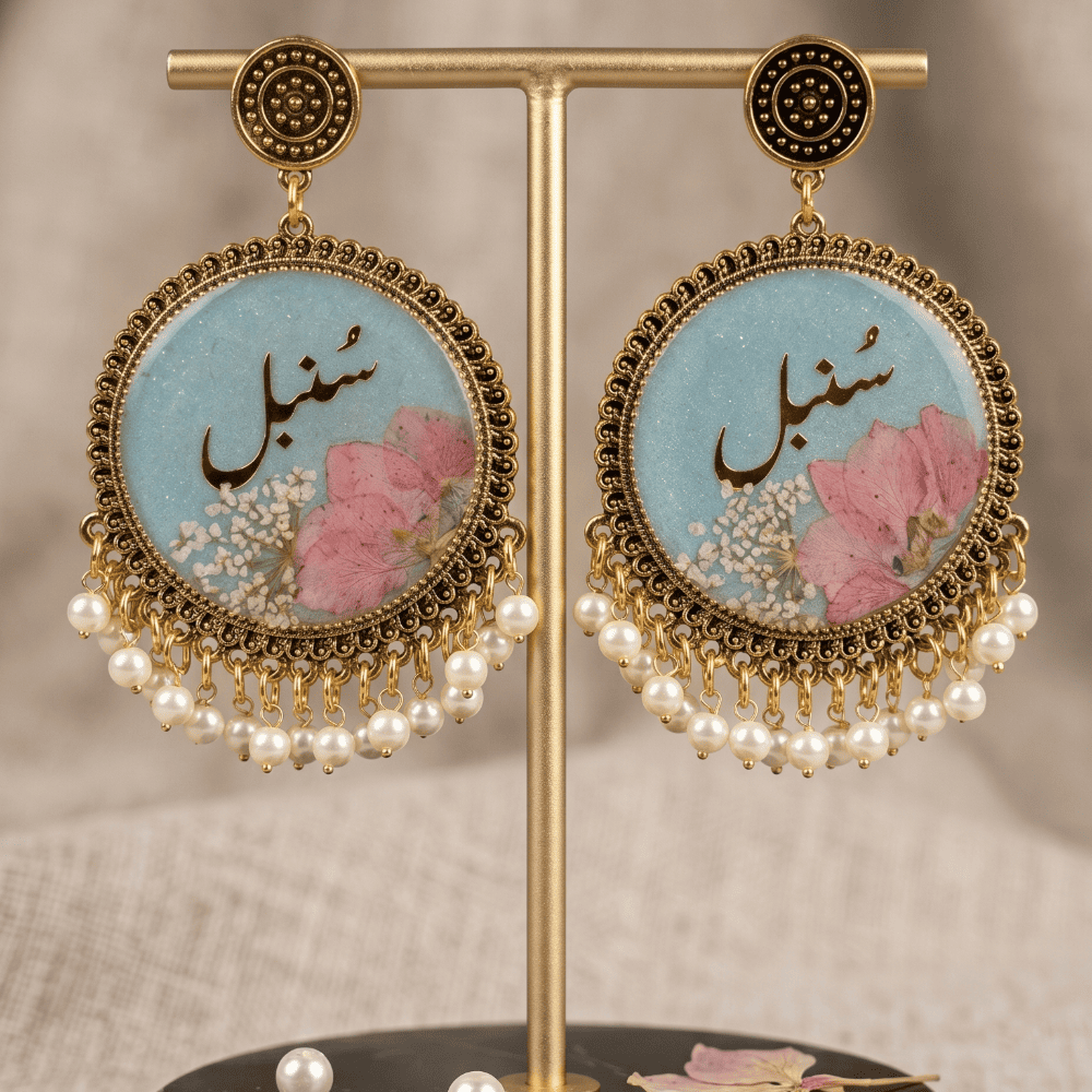 Handmade Personalized Name Resin Earrings | Blue Floral Jhumka — jewellery by Giftistan