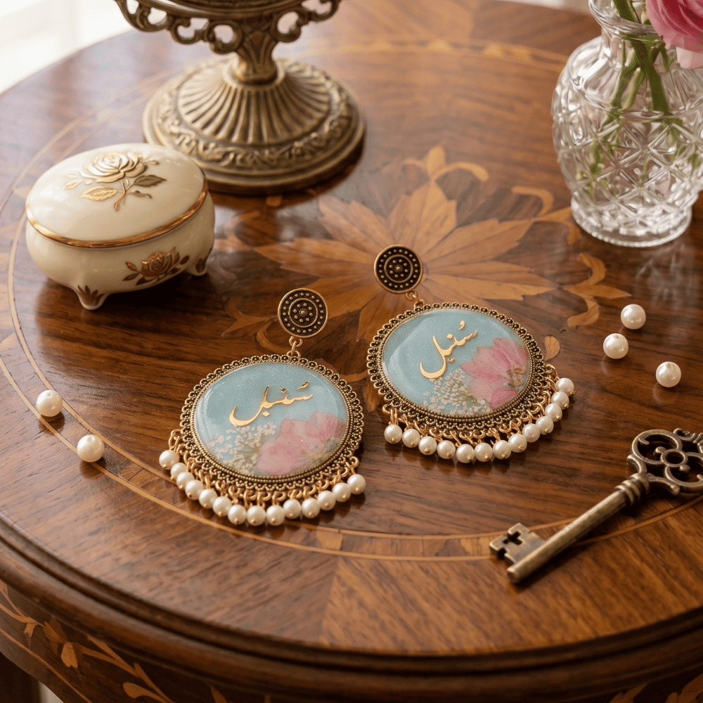 Handmade Personalized Name Resin Earrings | Blue Floral Jhumka — view 2