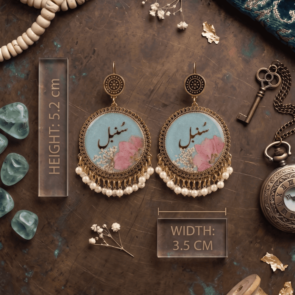 Handmade Personalized Name Resin Earrings | Blue Floral Jhumka — view 3