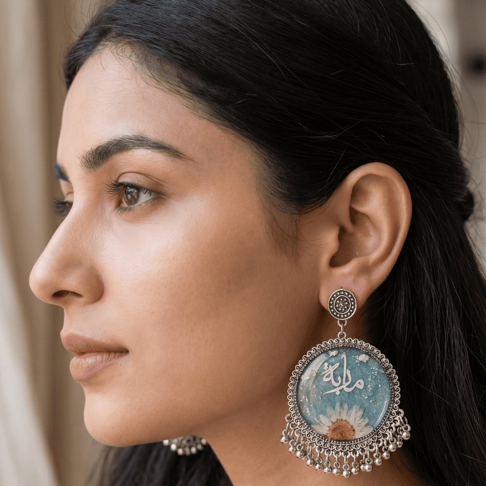 White Daisy & Blue Bead Jhumkas | Customized Resin Earrings — view 4