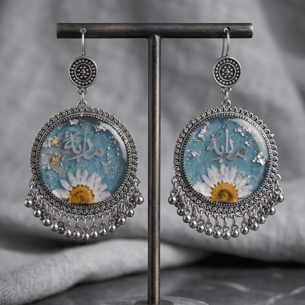 White Daisy & Blue Bead Jhumkas | Customized Resin Earrings — view 2