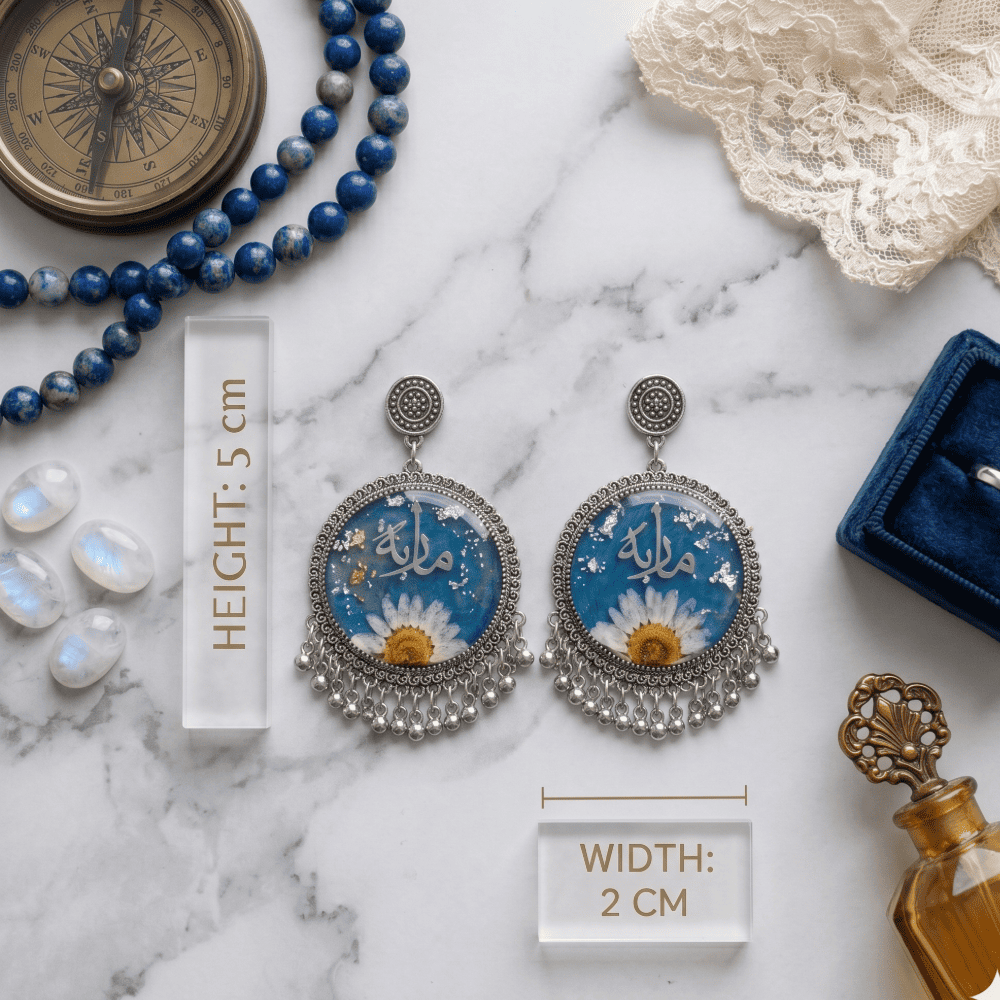 White Daisy & Blue Bead Jhumkas | Customized Resin Earrings — view 3