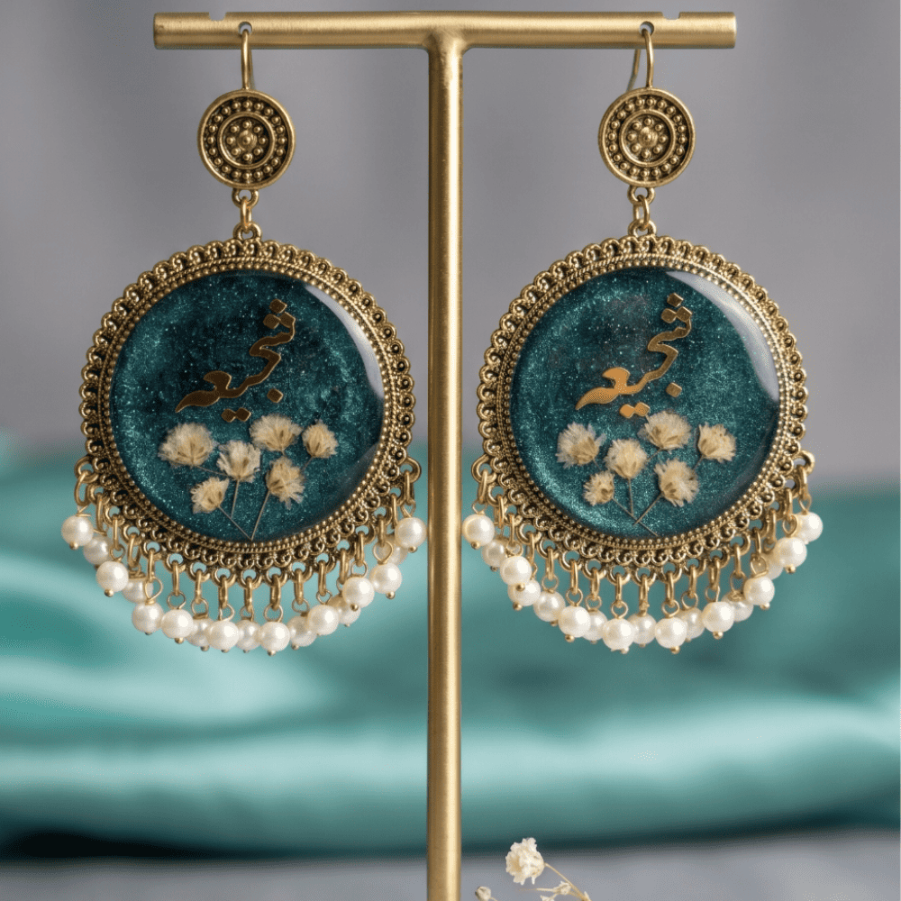 Handmade Gold & Blue Floral Resin Earrings with Pearls — view 3