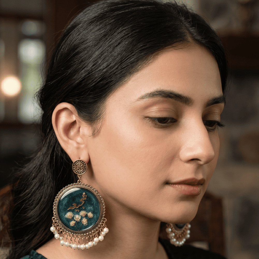 Handmade Gold & Blue Floral Resin Earrings with Pearls — view 5