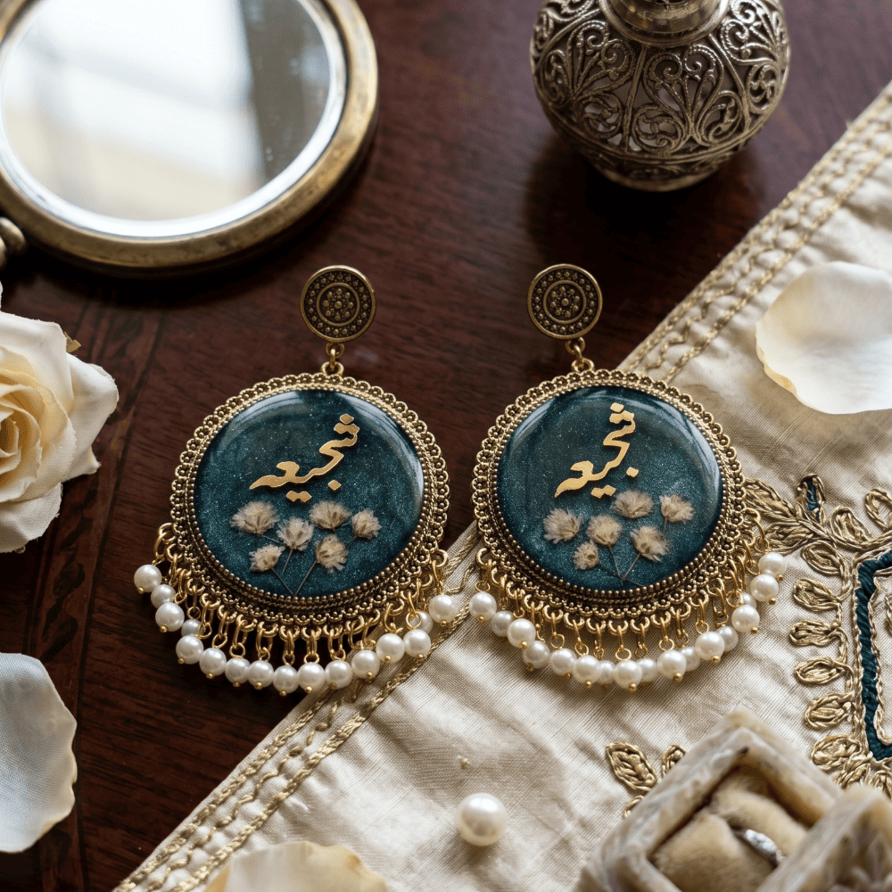 Handmade Gold & Blue Floral Resin Earrings with Pearls — jewellery by Giftistan