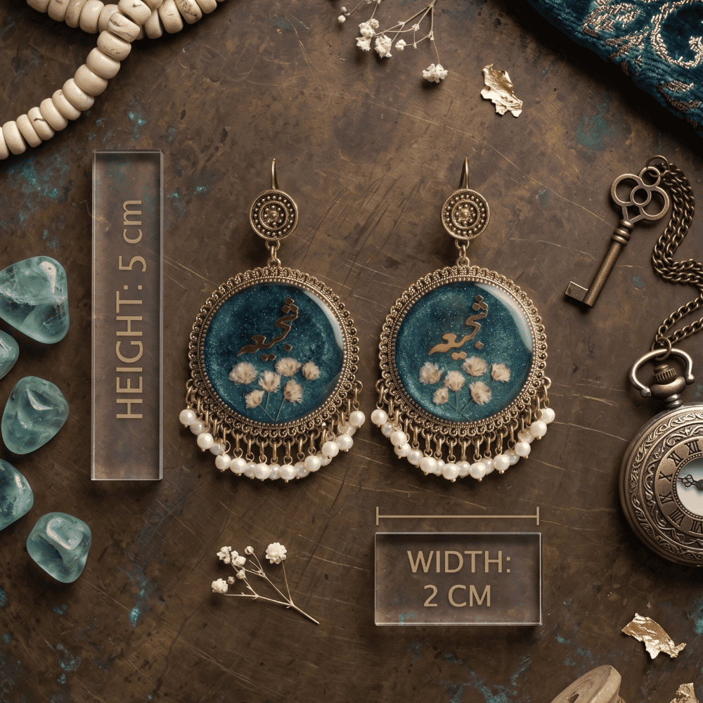 Handmade Gold & Blue Floral Resin Earrings with Pearls — view 2