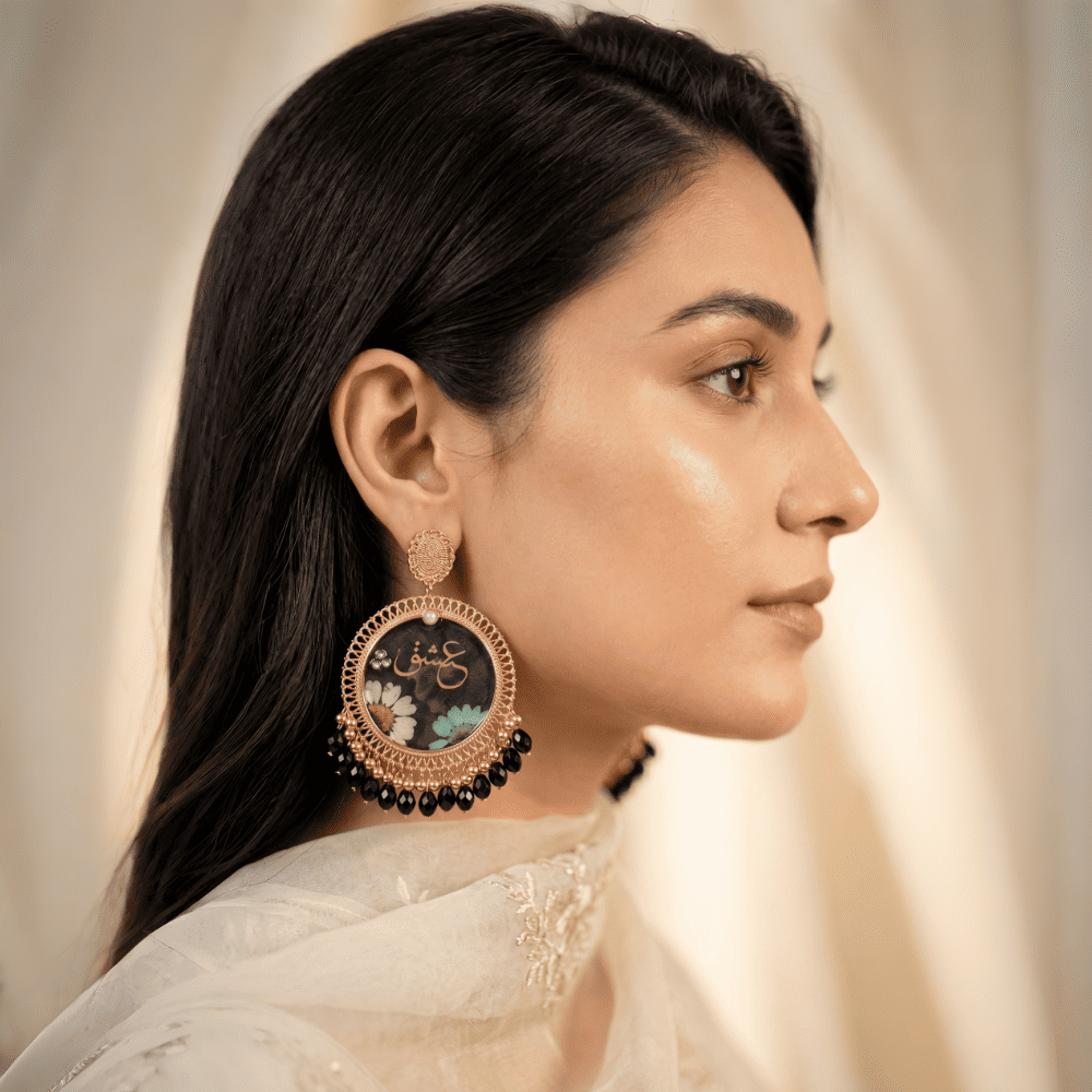 Gold Floral Resin Earrings with Arabic Calligraphy - Handmade — view 5