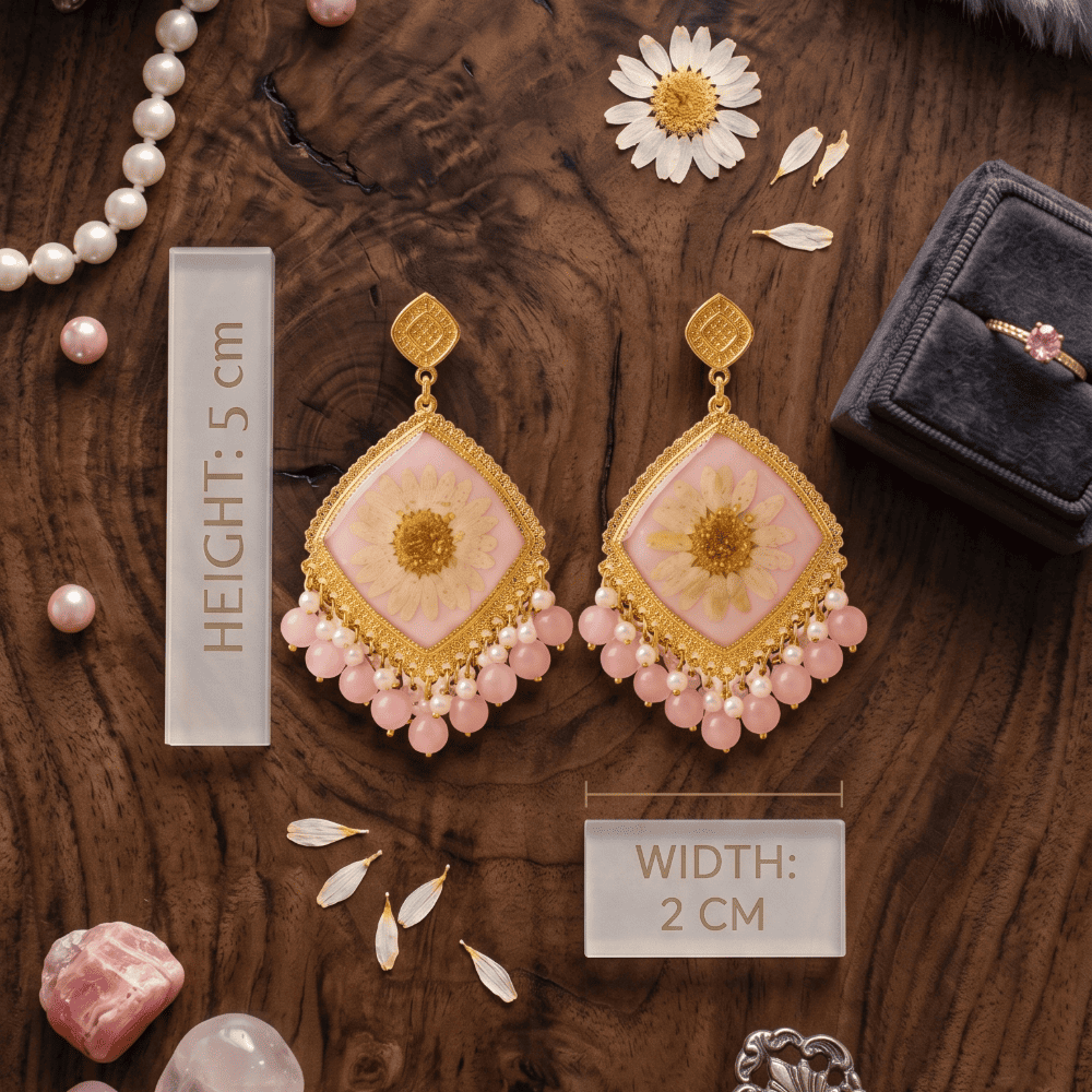 Handmade Resin Pressed Flower Jhumka Earrings with Pink Beads — view 2