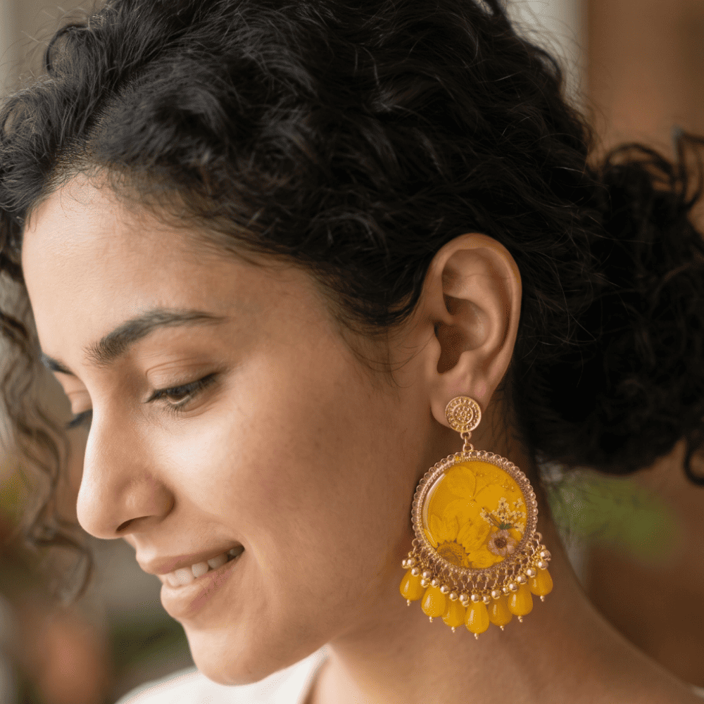 Vibrant Sunshine Yellow Pressed Flower Resin Earrings — view 4