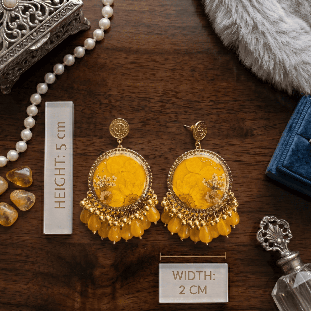 Vibrant Sunshine Yellow Pressed Flower Resin Earrings — view 2