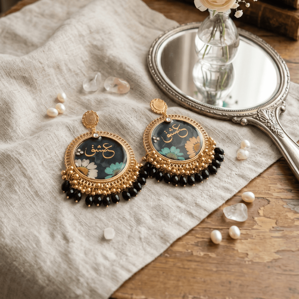 Gold Floral Resin Earrings with Arabic Calligraphy - Handmade — view 3