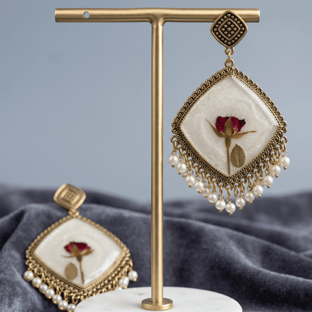 Ivory Resin Dried Rose Earrings with Pearl Drops — view 5