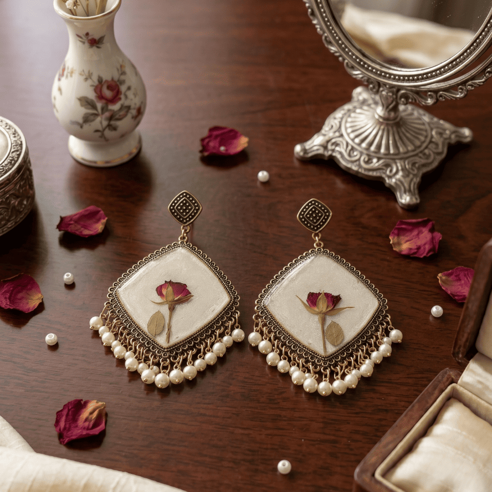 Ivory Resin Dried Rose Earrings with Pearl Drops — view 4