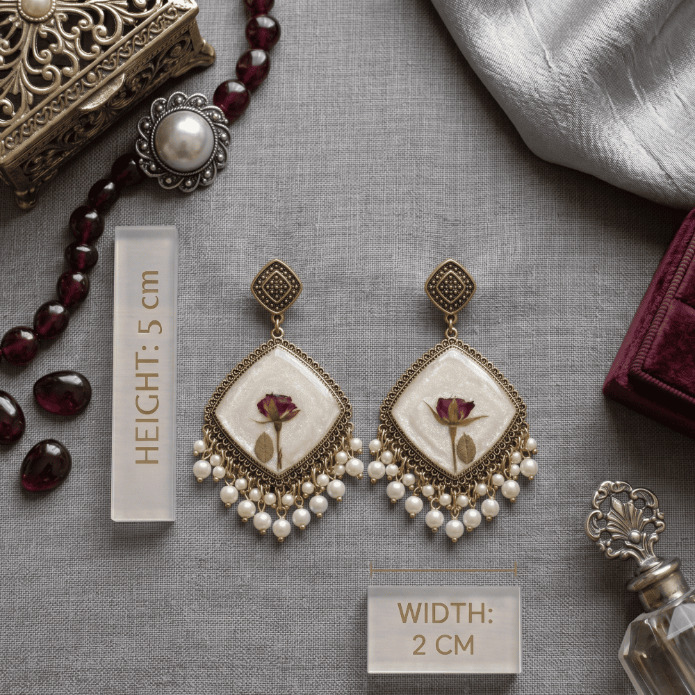 Ivory Resin Dried Rose Earrings with Pearl Drops — view 3