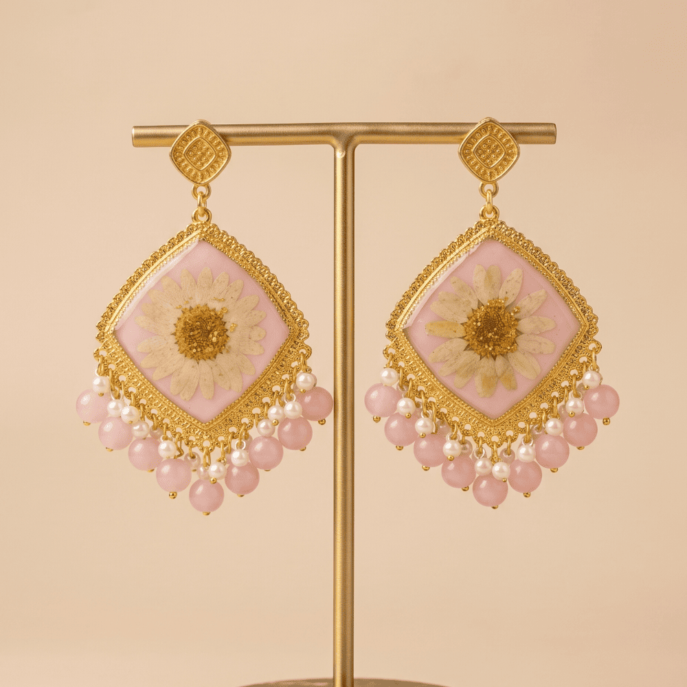 Handmade Resin Pressed Flower Jhumka Earrings with Pink Beads — view 4