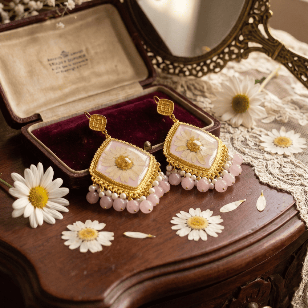 Handmade Resin Pressed Flower Jhumka Earrings with Pink Beads — view 3