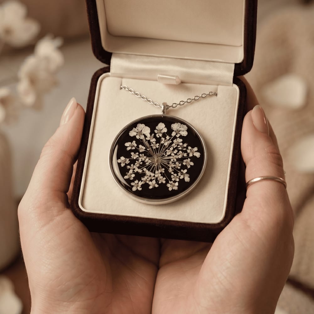 Midnight Bloom Handcrafted Resin Pendant | Real Pressed White Flowers — view 4