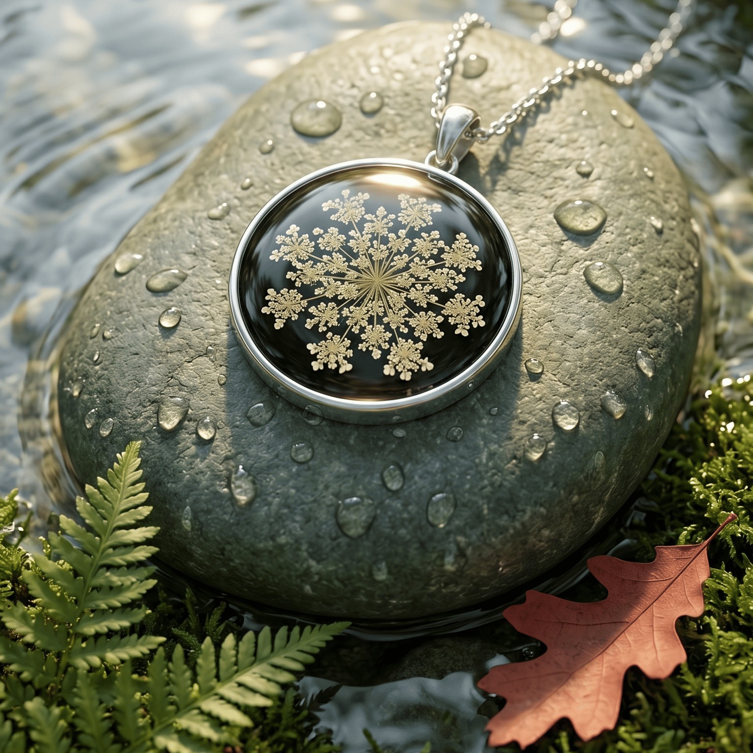 Midnight Bloom Handcrafted Resin Pendant | Real Pressed White Flowers — view 5