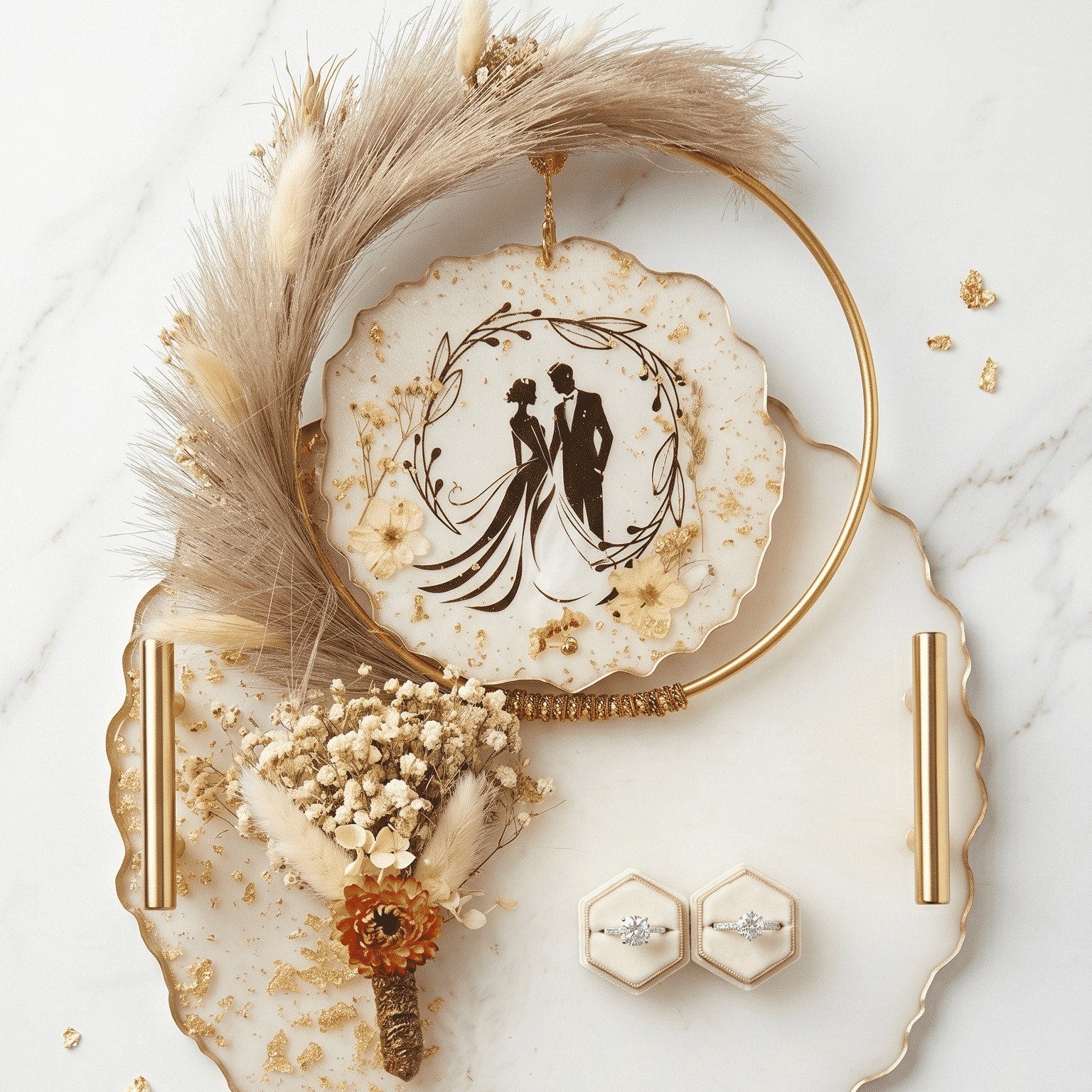 Handcrafted Resin Engagement Ring Platter with Couple Silhouette and Preserved Pampas Grass Decor — wedding by Giftistan
