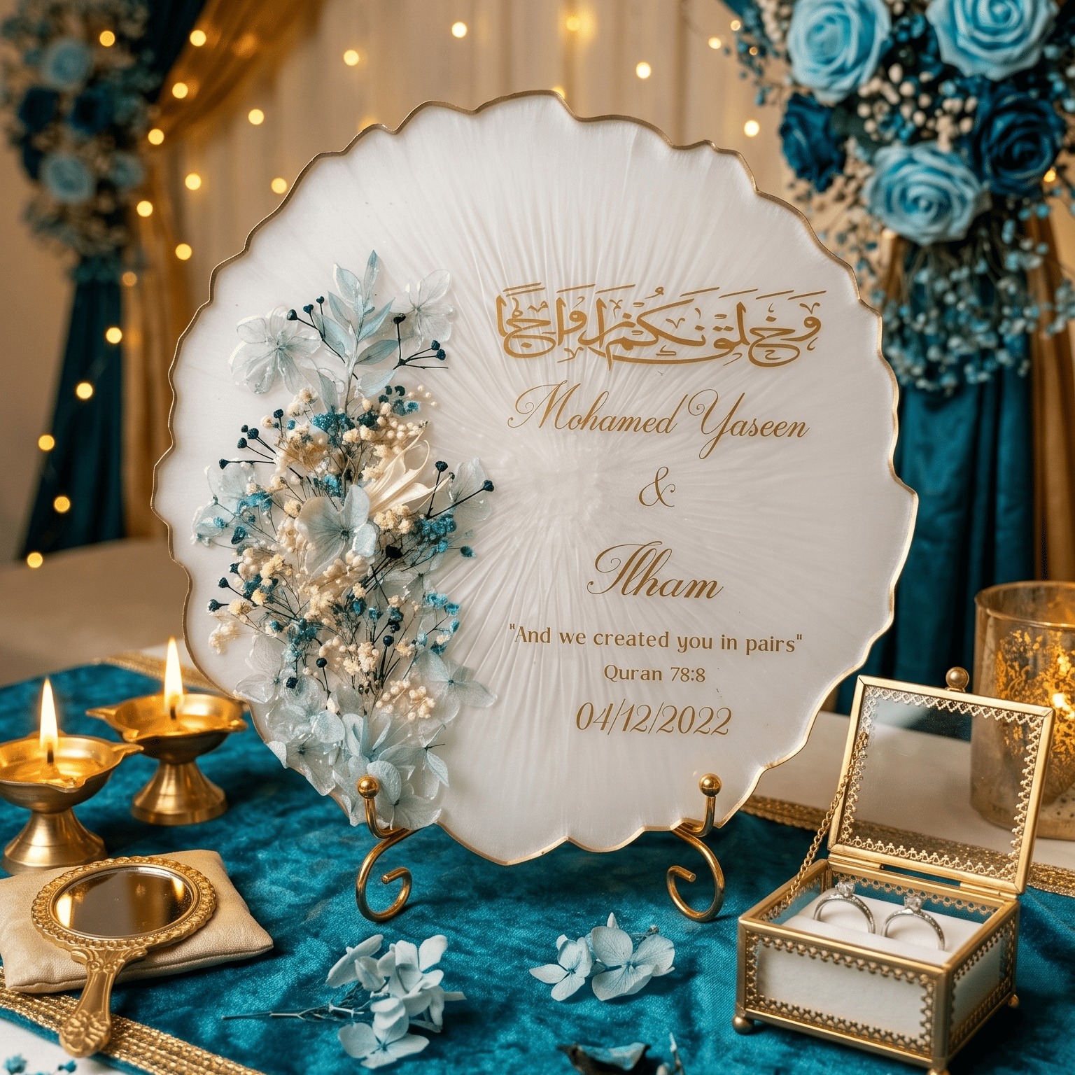Personalised Resin Engagement Platter with Preserved Blue Flowers and Gold Calligraphy — wedding by Giftistan