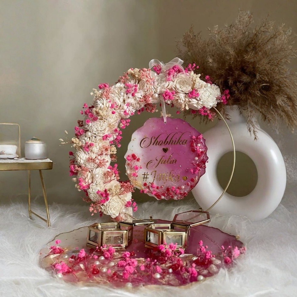 Handcrafted Pink Resin Ring Ceremony Platter with Dried Florals and Gold Leaf Accents - Personalized Engagement Tray — wedding by Giftistan