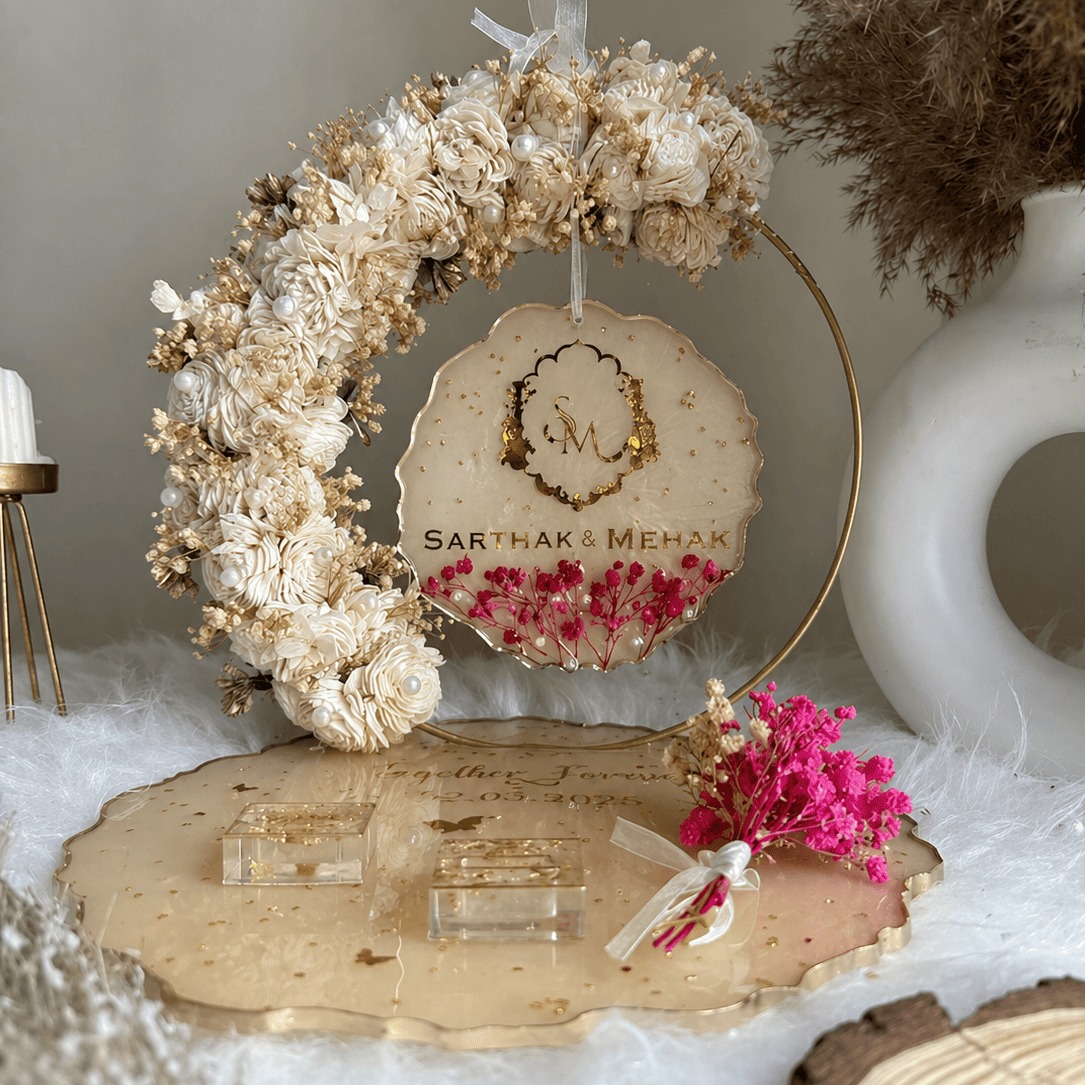 Handcrafted Resin Ring Ceremony Platter with Pink Dried Flowers and Luxurious Gold Leaf Accents — wedding by Giftistan