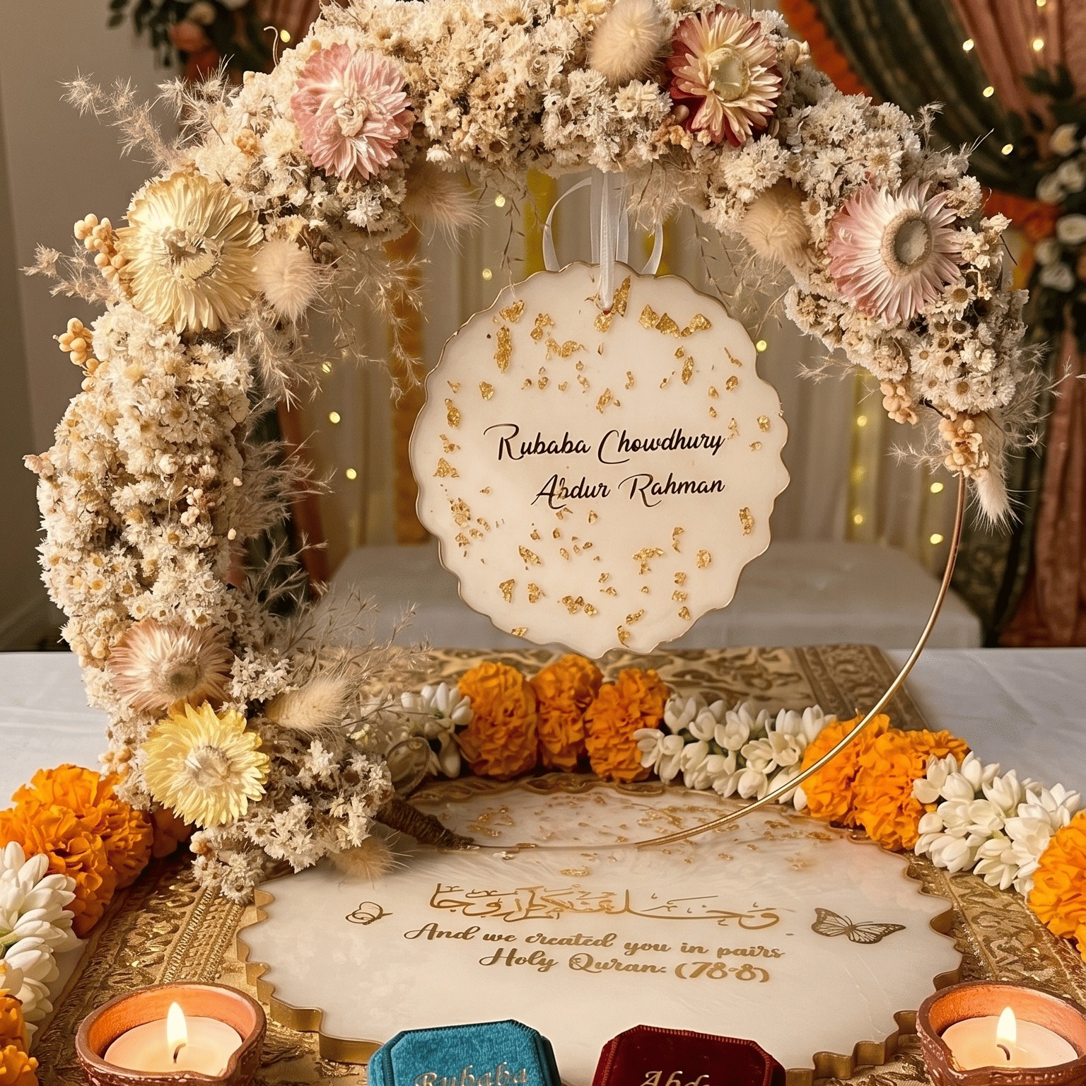 Personalized Handcrafted Resin Ring Platter with Dried Flower Arch and Gold Foil Accents for Engagement & Nikah Ceremony — wedding by Giftistan