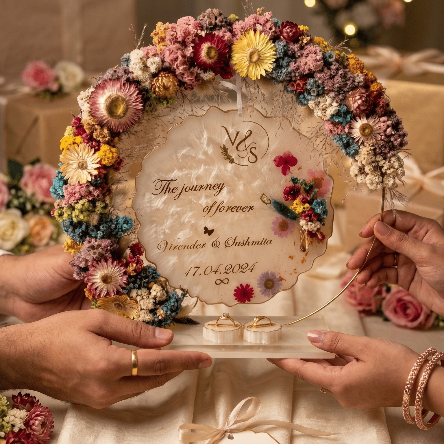 Personalized Floral Resin Engagement Ring Platter for Wedding Ceremony - Handcrafted with Dried Flowers and Gold Accents — wedding by Giftistan