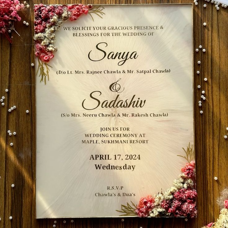 Handcrafted Square Resin Wedding Invitation Card with Real Preserved Dried Flowers and Gold Foil Border — wedding by Giftistan