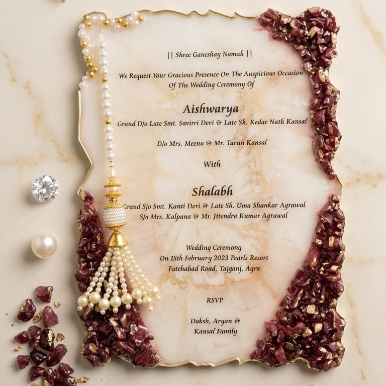 Luxury Handcrafted Resin Wedding Invitation Card with Gold Foil Edges, Pearl Tassel and Red Crystal Borders — wedding by Giftistan