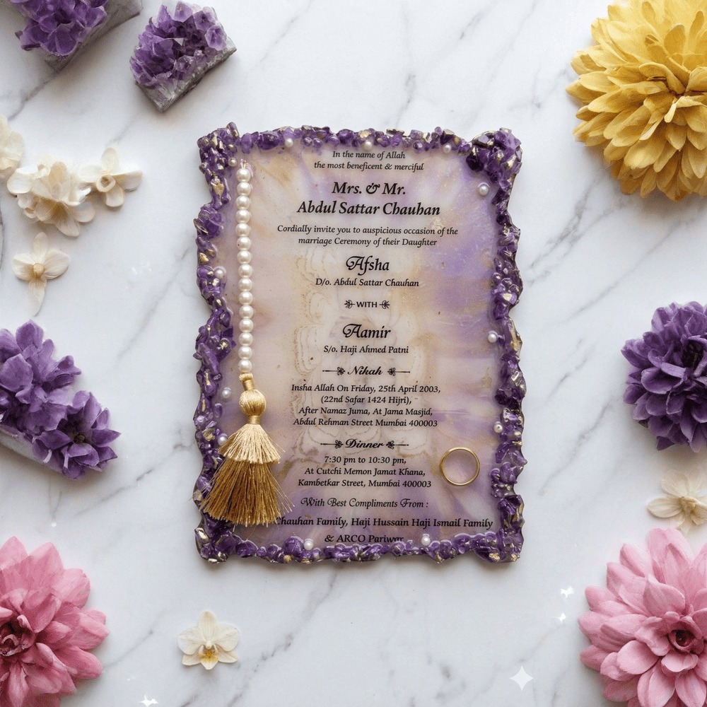 Premium Handcrafted Resin Nikah Invitation Card - Lavender Marble with Amethyst Stones, Gold Foil Accents and Decorative Pearl Tassel — muslim-wedding by Giftistan