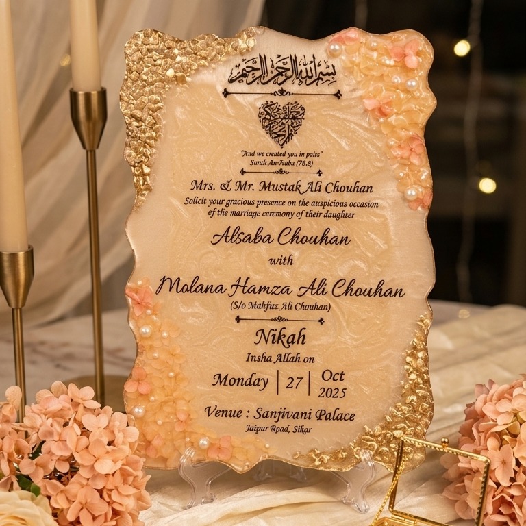 Luxury Resin Nikah Invitation Card - Handcrafted Peach Floral Wedding Plaque with Gold Foil Edges and Pearl Embellishments — muslim-wedding by Giftistan