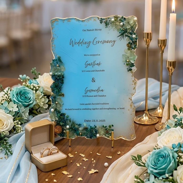 Personalized Blue Ombre Resin Wedding Invitation Plaque with Dried Flowers and Gold Leaf - Custom Geode Edge Marriage Keepsake — wedding by Giftistan