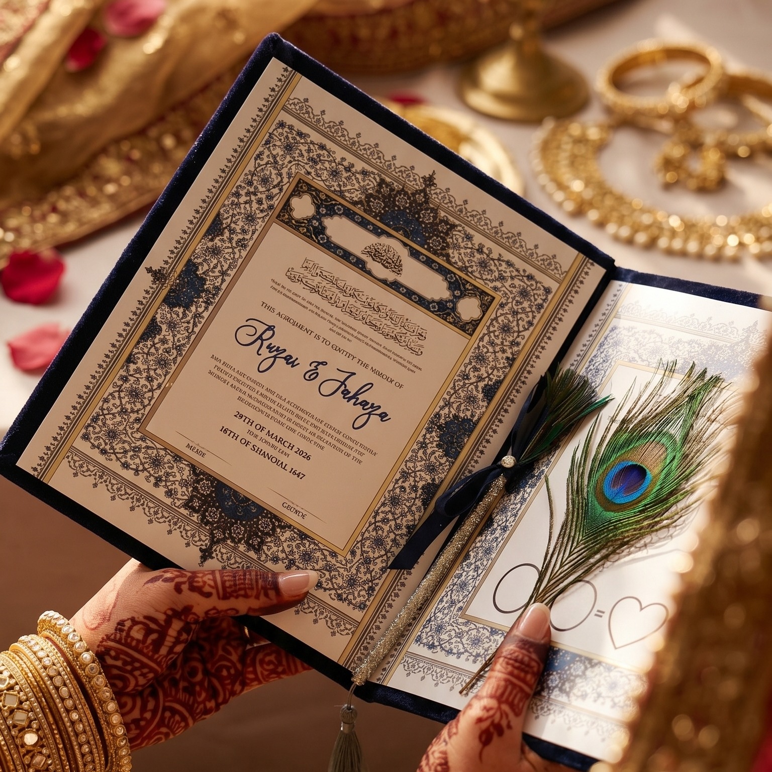 Handcrafted Ornate Blue and Gold Nikah Nama Set with Decorative Peacock Feather Pen - Personalized Islamic Marriage Contract — muslim-wedding by Giftistan