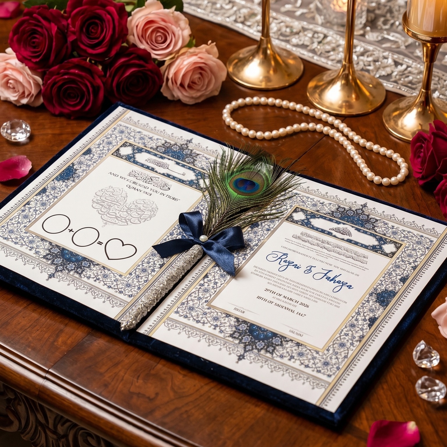 Handcrafted Ornate Blue and Gold Nikah Nama Set with Decorative Peacock Feather Pen - Personalized Islamic Marriage Contract — view 3